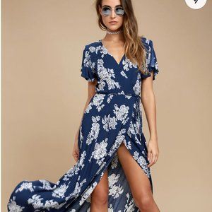 Lulus Heart of Marigold Navy Blue Floral Print Wrap Maxi Dress